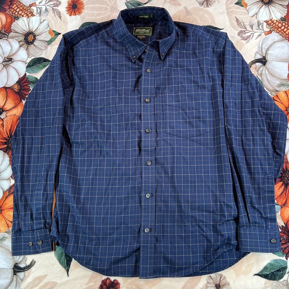 Eddie Bauer Mens Navy Blue Windowpane Plaid Long Sleeve Button Down Shirt Medium